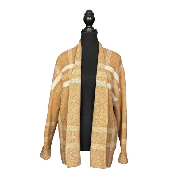 Banana Republic Open-Front Cardigan in Camel and Cream Plaid, Soft & Cozy - Picture 2 of 8
